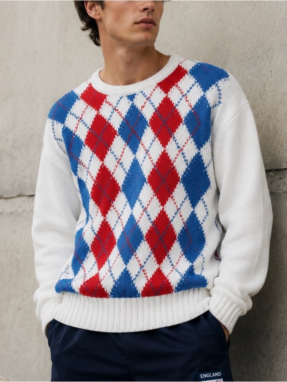 VTG Y2K Scottish Men White Cotton Argyle Crewneck Knit Sweater S/M Preppy Luxury